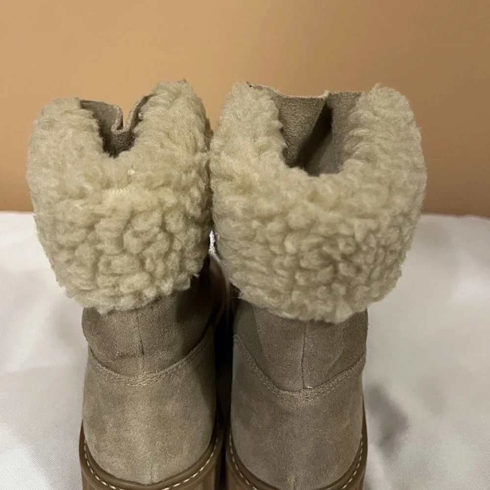 ASTER Dorit Boots Platform Suede Taupe Faux Alpaca Cream Lug Sole Women's 6 NWB